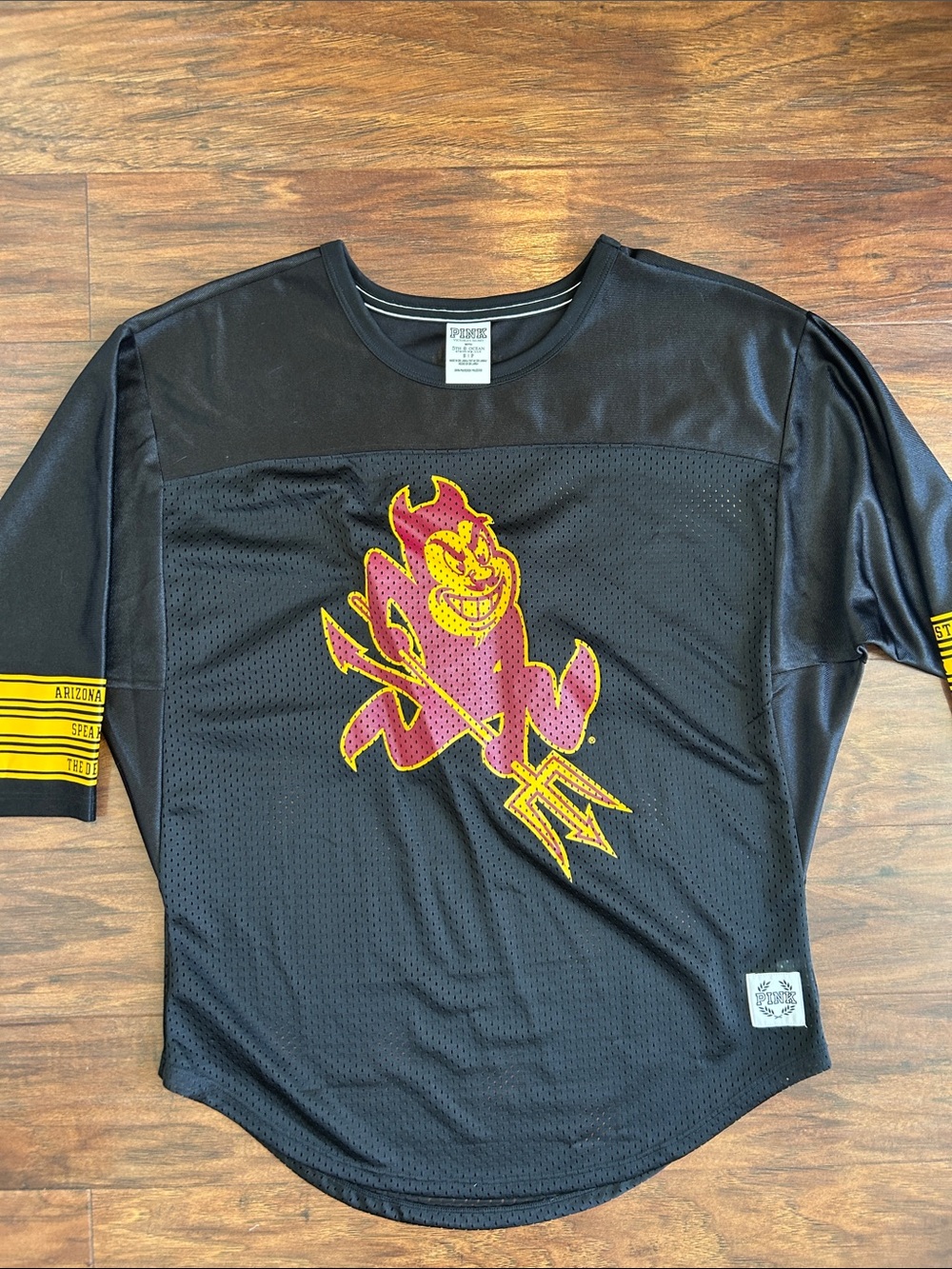 PINK Victoria's Secret Black Mesh Jersey with Pink & Gold Devil Graphic